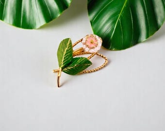 Vintage Floral  Brooch Revamped with, Glass Resin and Enamel. Gold, Clear, Green and Pink.