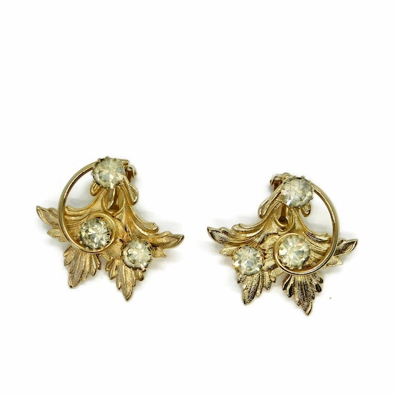 Leaves and Rhinestones Gold tone Clip Earrings. - image 5