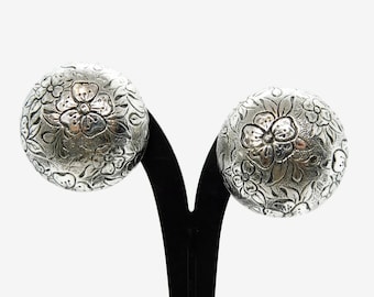 Mid century Accessocraft N.Y Silver tone Floral Etched Dome Shaped Screw Clip Earrings.