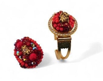 Textured Gold Plating Red Bead Cluster Brooch and Bracelet Set
