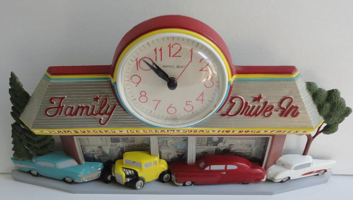 Vintage Family DriveIn Wall Clock with Classic Cars. Made in Etsy