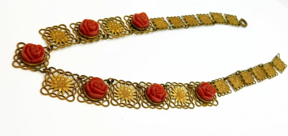 1930s CZECH Gold tone Squares Ornate Links with F… - image 7