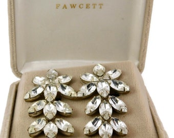 1980s FARRAH FAWCET Silver tone Clear Rhinestones Earrings. Original Box.