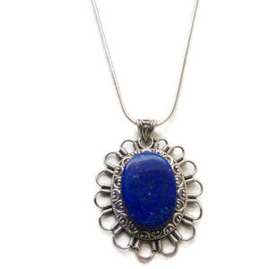Vintage Ornate 925 S. Silver with Large Oval Lapis Lazuli Pendant with snake Chain. image 4