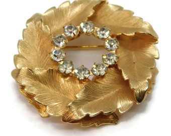 Vintage Gold -tone  Wreath shaped  Leaves and Clear Rhinestones Brooch/Pin