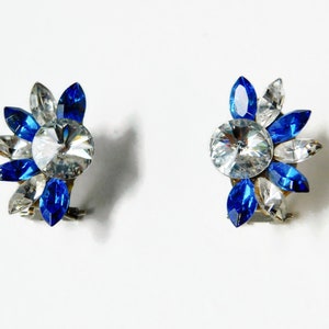 1980s Blue and Clear Rhinestones Wendy Gell Style Pierced Clip Earrings. image 6