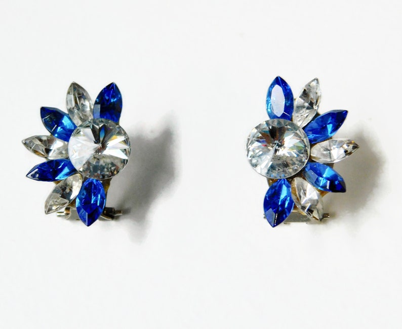 1980s Blue and Clear Rhinestones Wendy Gell Style Pierced Clip Earrings. image 6