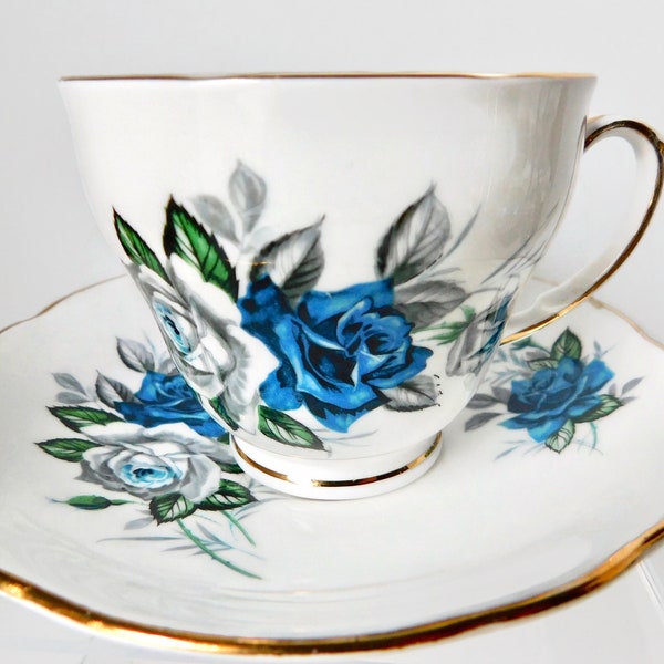 Vintage Blue/Gray White  Roses DUCHESS Teacup and Saucer. Made in England.