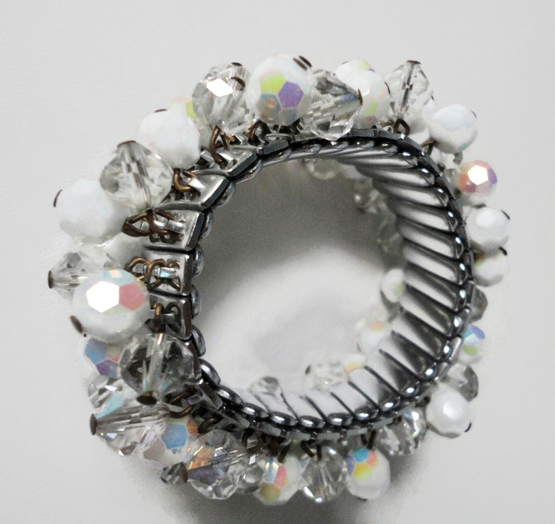 Vintage AB White and Clear Glass Faceted Beads Stretch Bracelet. JAPAN. Cha-Cha Bracelet image 5