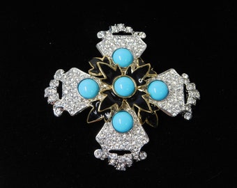 KENNETH JAY LANE Enamel, Turquoise  Glass Cabochons and Clear Rhinestones Maltese Cross Brooch/Pendant.