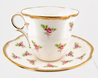 VICTORIA English Bone China Pink Roses Teacup and Saucer.