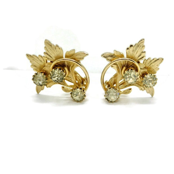 Leaves and Rhinestones Gold tone Clip Earrings. - image 8