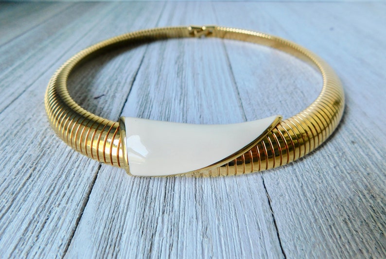 MONET Modernist Gold Tone Snake Chain with Cream Enameled Slide Choker Necklace.