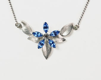 Vintage KREMENTZ White Gold Overlay Blue and Clear Crystals Floral Necklace.