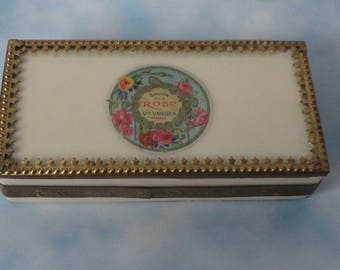 Vintage Hand Made Resin, Brass and Velvet Trinket/Jewelry Box. Savon A La Rose  Vor Vaissier. Paris at the lid.