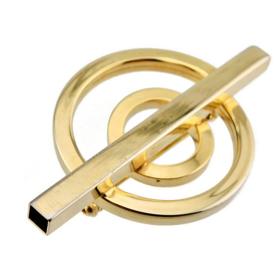 1980s Gold tone Modernist Brooch. Circles and Bar… - image 2