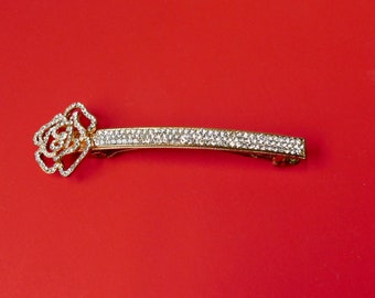 Gold tone  with Pave Clear Rhinestones Rose Flower Hair Clip. NS made in France