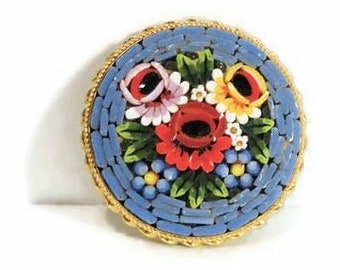 Vintage Blue with Colorful Flowers Micro Mosaic Brooch. Italy