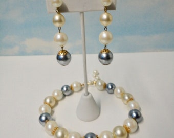 Simulated  Pearls Choker  Necklace and Earrings set. White, Cream and Gray color Faux Pearls.