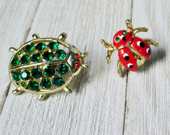 Vintage Bug Brooches Set: Enamel Ladybug and Rhinestone Beetle