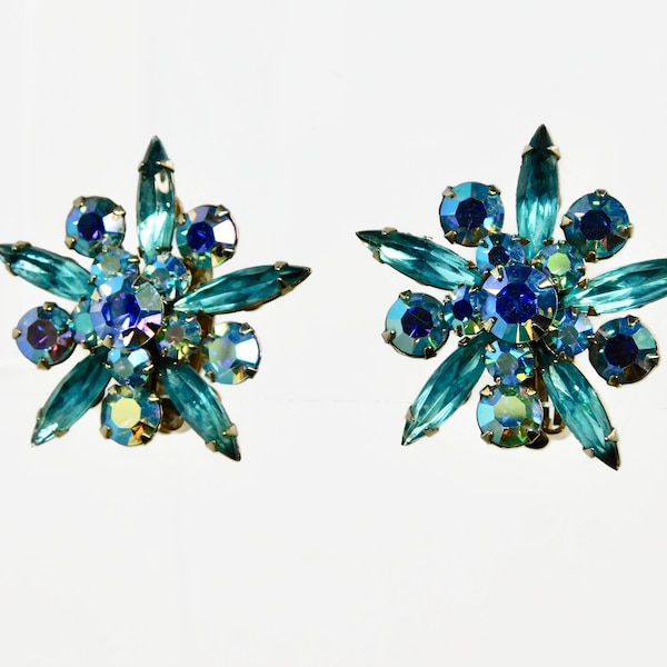 Vintage Gold tone with Blue Navettes and Blue AB Rhinestones Unsigned JUDY LEE Earrings.