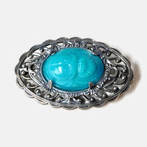 Vintage Silver tone with Oval Blue Molded Glass  SCARAB Brooch/Pin. Egyptian Revival Scarab brooch.