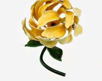 Vintage Yellow and Green Enamel MOD Flower Brooch/Pin. Stem Flower Power Brooch/Pin