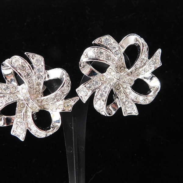 K.J.L For AVON Silver tone Bow with Clear Rhinestones Clip on Earrings.