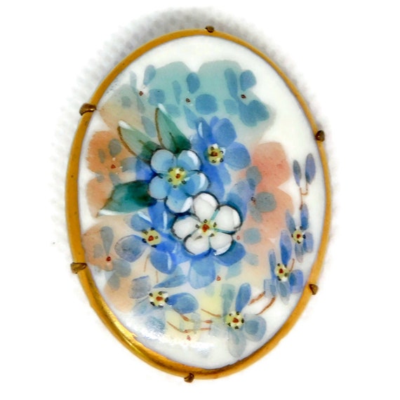 Victorian Oval Hand painted Blue Floral Porcelain… - image 2