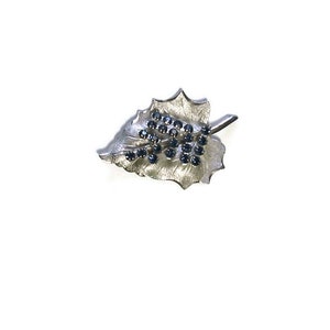Vintage Silver tone Leaf with Blue Rhinestones Brooch. Pin