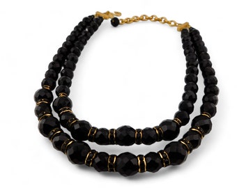 Elegant Talbots Double Strands Faceted Black Glass Necklace.