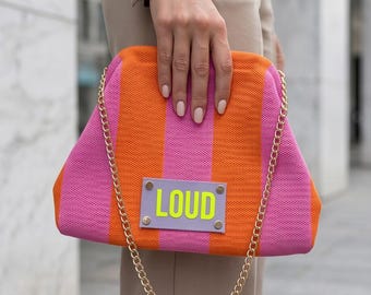 Clutch Neon Pink Orange Personalisiert | Umhängetasche Gestreift Gliederkette Gold | Festival Crossbody Bag | Tasche Sommer | Geschenk
