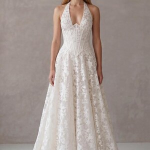 Halter Lace Wedding Dress, Corset A Line Style, Backless Design, Elegant Modern Bride