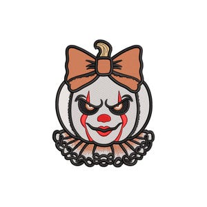 May include: A Halloween-themed design featuring a white pumpkin with a clown face. The pumpkin has a brown bow, a red mouth, and red lines extending from the eyes. A black and brown ruffled collar surrounds the pumpkin.