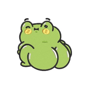 May include: A green cartoon frog with black outlines and yellow eyes. The frog is sitting on its bottom with its legs tucked in.