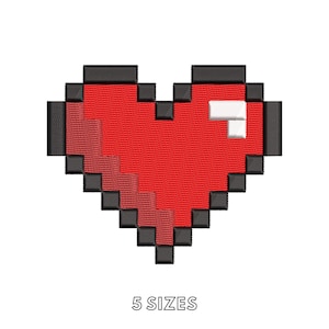 May include: A pixelated heart embroidery design featuring a red center with a black outline and a small white highlight in the upper right corner. The design is presented as a digital graphic with the text 5 SIZES printed below the heart icon.