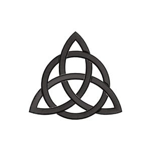 May include: A black Celtic knot symbol, also known as a triquetra, against a white background. The interwoven design features three interconnected arcs, each with a pointed end, forming a symmetrical shape. The symbol is often used in jewelry and art.