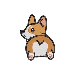 Pode incluir: Patch bordado com um cão corgi de desenho animado visto por trás. O corgi tem um corpo castanho e branco, com contornos e detalhes pretos. As orelhas do cão estão levantadas e sua cauda não é visível. O patch está em um fundo branco.