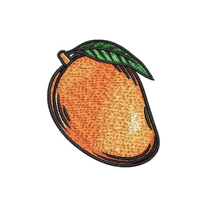 May include: A cartoon illustration of a mango with a green leaf. The mango is orange and yellow with a black outline.