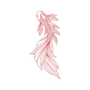 Puede incluir: Un dibujo lineal rojo de una carpa koi, símbolo de buena fortuna y perseverancia. El pez está representado en un estilo elegante y fluido, con aletas y escamas detalladas. La obra de arte está sobre un fondo blanco.