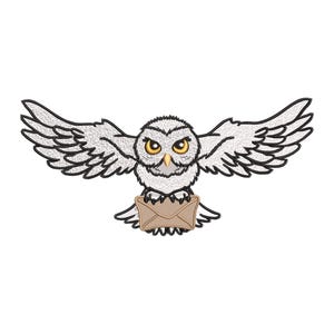 Peut inclure: Écusson brodé représentant un hibou blanc aux ailes déployées, tenant une enveloppe marron. Le hibou a des yeux jaunes et des contours noirs, pour un design détaillé et fantaisiste. Idéal pour les vêtements ou les projets d'artisanat.