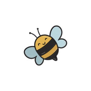 May include: A cartoon-style bee with a smiling face, black and yellow striped body, and light blue wings. The bee has two antennae and is set against a white background. This image is suitable for children's products.