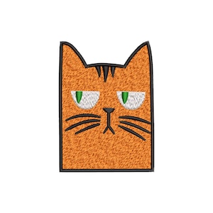 May include: An orange cat face with a rectangular shape, black outline, and green eyes. The cat has black whiskers and eyebrows. The cat's fur has a textured appearance.