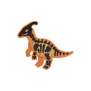 May include: An embroidered patch depicting a cartoon Parasaurolophus dinosaur in orange and black. The dinosaur's body is orange, with black detailing representing its skeleton. The patch is designed for application on clothing or accessories.