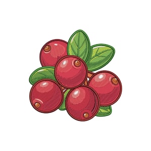 May include: A cluster of ripe, red cranberries with detailed embroidery. The berries have a textured appearance and are accompanied by green leaves with intricate stitching, all set against a white background.