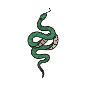 May include: A green snake illustration with a detailed, textured pattern. The snake is coiled, with a beige underbelly and a black outline. The snake's head is raised, with a forked tongue extending out. The background is plain white.