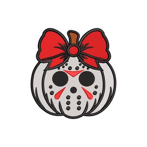 May include: A white pumpkin with a black outline, featuring a red bow and a hockey mask design. The mask has black eye holes and red accents, creating a spooky Halloween theme.