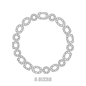 May include: A circular arrangement of eighteen black and white line art illustrations of faceted gemstones in various shapes, including round, oval, and cushion cuts. The text "5 SIZES" is printed in a simple sans-serif font below the circle.