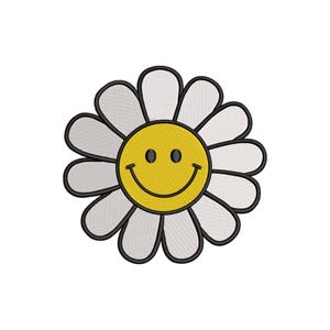 May include: A smiling daisy design with a yellow center, black eyes, and a curved black mouth. The white petals are outlined in black. This cheerful floral design is suitable for various craft projects.
