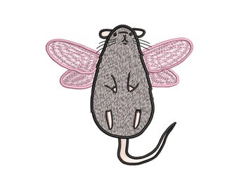 Diseño de bordado de hada rata divertida | Archivo de bordado a máquina de ratón con alas | Patrón digital de animal caprichoso, descarga instantánea